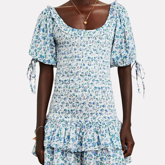 LOVESHACKFANCY Violet Smocked Floral Dress in Blue Jay. Large. - Picture 2 of 11